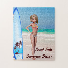 Toon Surfer Girl Poson på Seashore Pussel