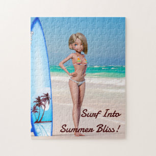 Toon Surfer Girl Poson på Seashore Pussel