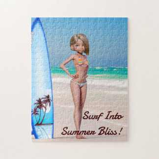 Toon Surfer Girl Poson på Seashore Pussel