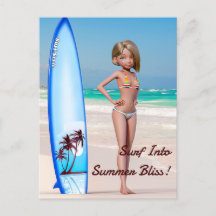 Toon Surfer Girl Poson på Seashore