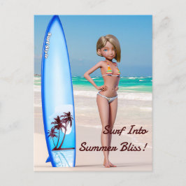 Toon Surfer Girl Poson på Seashore Vykort