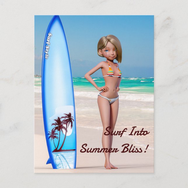 Toon Surfer Girl Poson på Seashore Vykort (Framsida)