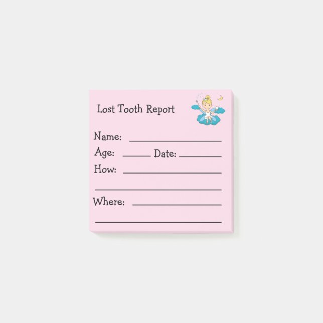 Tooth Fairy Borttappad Tooth Report Kids Post it N Post-it Block (Framsida)