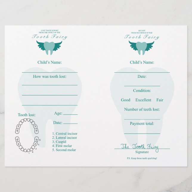 Tooth Fairy Brev & Receipt Teal (Framsida)
