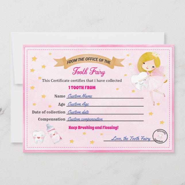 Tooth Fairy Certificate - Lost Tooth Receipt Inbjudningar (Framsida)