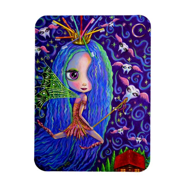 Tooth Fairy Doll Big Ögon och Toothbrush Krona Magnet (Vertikal)