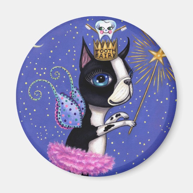 Tooth Fairy Hund Boston Terrier Rosa Tutu Krona Magnet (Framsidan)