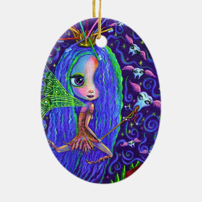 Tooth Fairy with Toothbrush Crown & Flying Teeth Julgransprydnad Keramik (Baksidan)