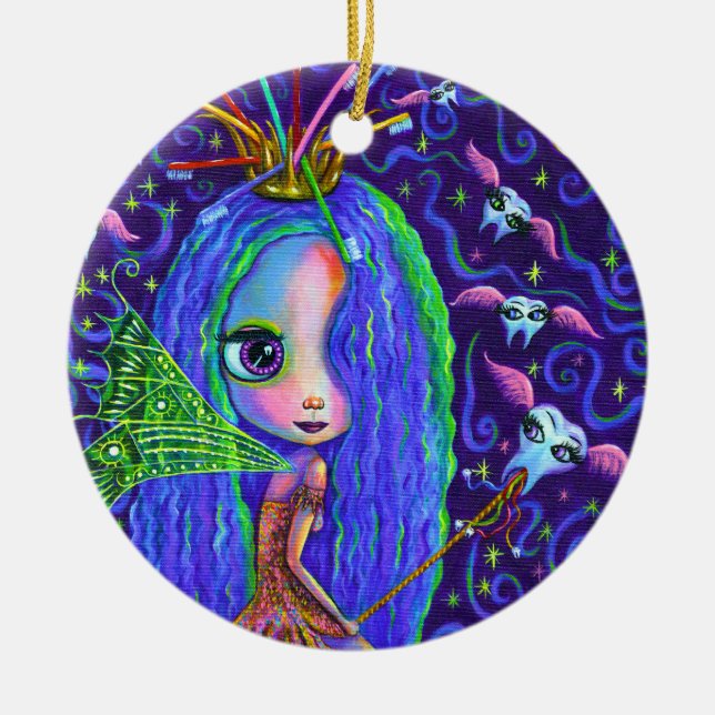 Tooth Fairy with Toothbrush Crown & Winged Teeth Julgransprydnad Keramik (Framsidan)