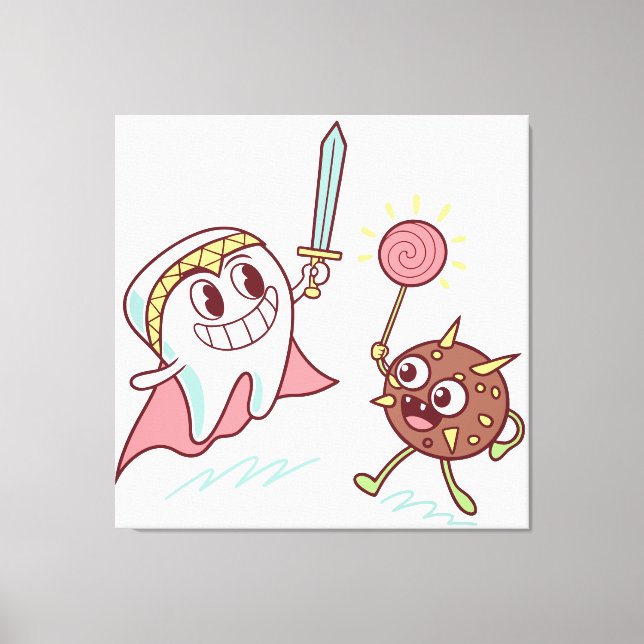 Tooth Hero vs Bacteria Monster Roligt Dental Teckn Canvastryck (Framsida)