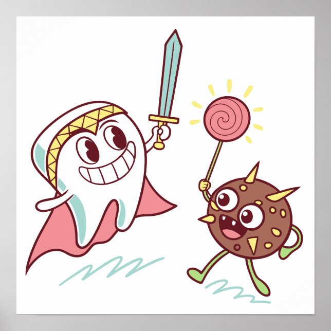 Tooth Hero vs Bacteria Monster Roligt Dental Teckn Poster (Framsidan)
