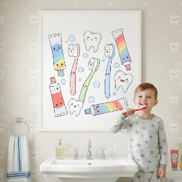 Toothbrush Party Kids Bathroom Wall Art Poster