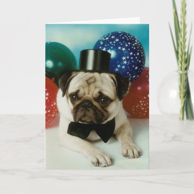 Top hat Birthday Pug Kort (Framsida)