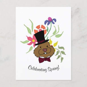 Top hat Bow Tie Vår blommor Groundhog Helg Vykort