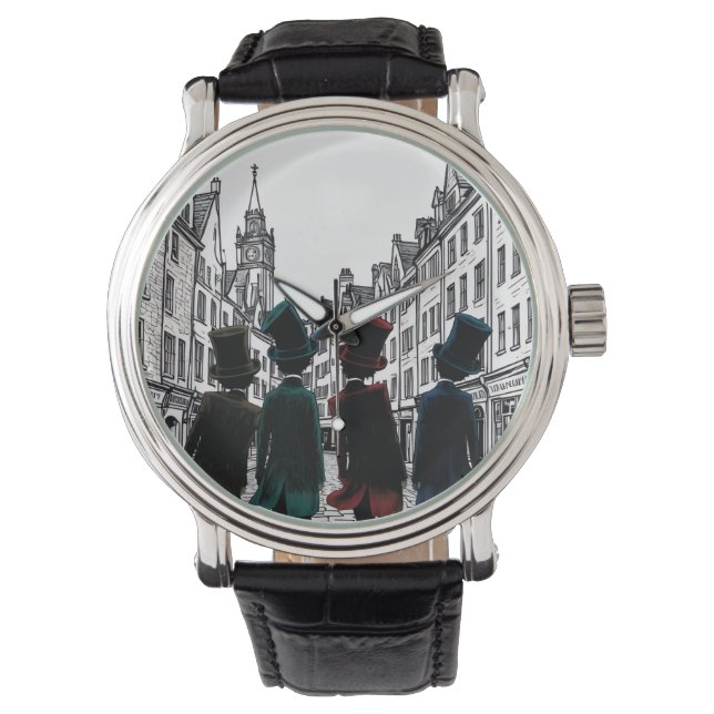 Top Hat Gents Promenad Trä Box Skylt Armbandsur (Framsida)