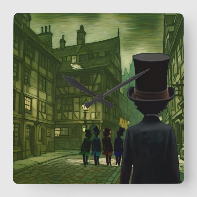 Top Hat Gents Promenad Trä Box Skylt Fyrkantig Klocka (Framsida)