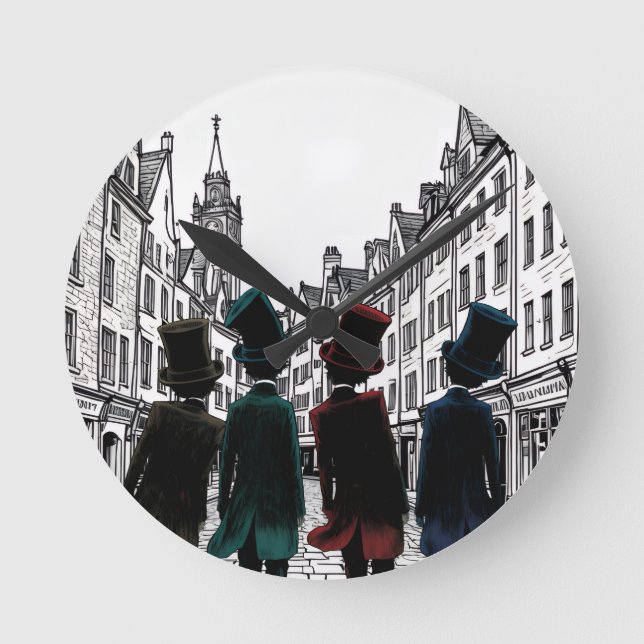 Top Hat Gents Stroll Wood Box Sign Rund Klocka (Framsida)