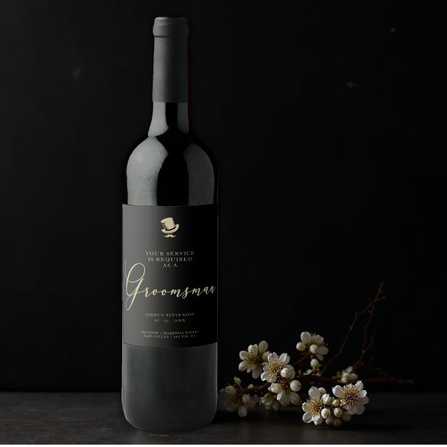 Top Hat Groomsman Chic Wedding Minimalist Proposal Vinflaska Etikett (Non-traditional Fancy Gentleman Top Hat Groomsman Wedding Minimalist Proposal Card on a Wine Label.)