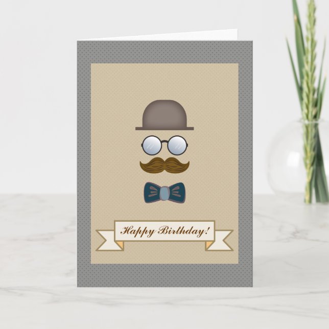 Top hat, Mustache, Glass och Bow Tie Birthday Kort (Framsida)