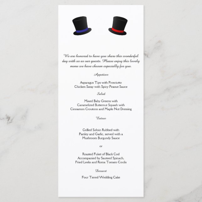 Top hat och Bow Ties Gay Bröllop Menu Meny (Framsida)