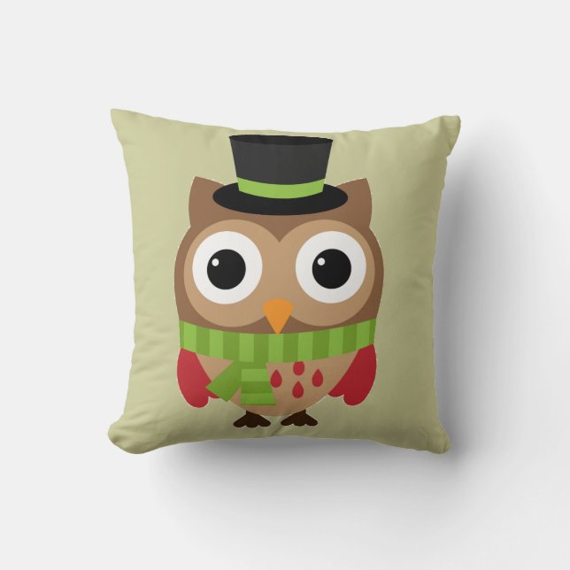 Top hat Uggla med Grönt Scarf Pillow Kudde (Framsida)