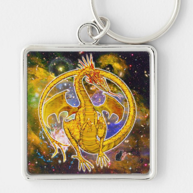 Topaz Cosmic Dragon  Fyrkantig Silverfärgad Nyckelring (Framsidan)