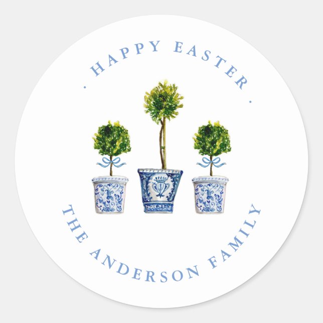 Topiarier Blå & Vit Glad Påsk Etikett / Sigill (Framsida)