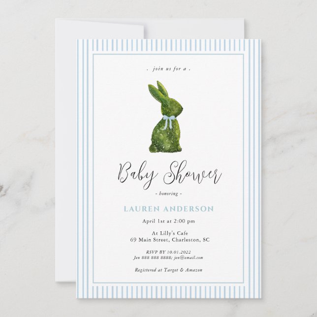 Topiary Bunny Blue Baby Boy Shower  Inbjudningar (Framsida)