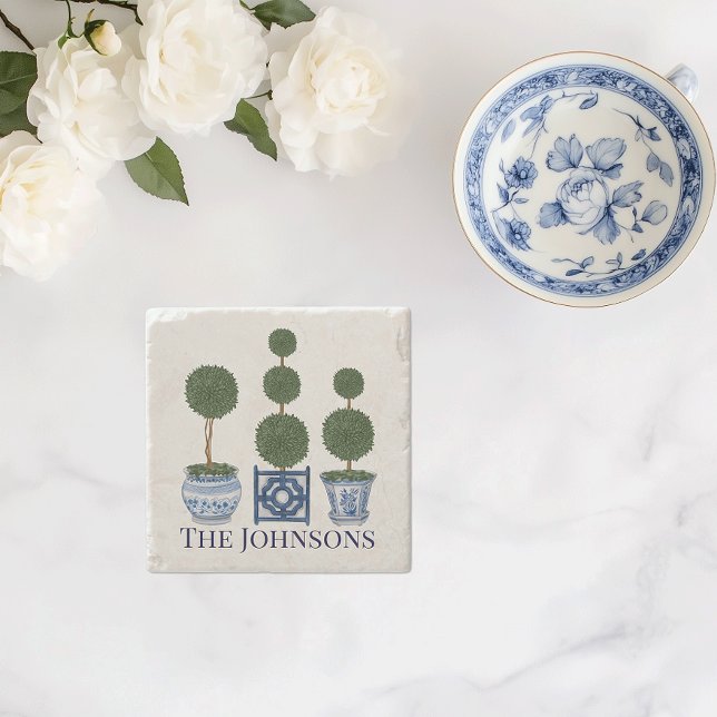 Topiaryträd Chinoiserie Trio  Stenunderlägg (Chinoiserie topiary tree personalized garden lover stone coaster)
