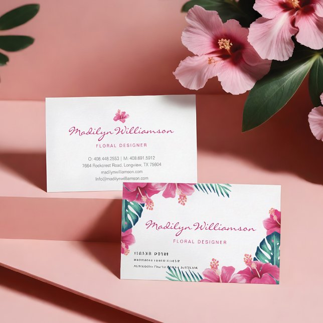 Topikal Rosa Hibiscus Blommigt & Foliage Watercolo Visitkort (Topical Pink Hibiscus Floral & Foliage Watercolor Business Card)