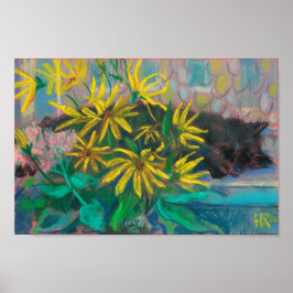 Topinambour Dreams Black Cat Gula blommor Pastel Poster