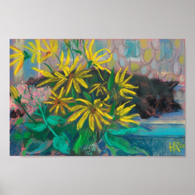 Topinambour Dreams Black Cat Gula blommor Pastel Poster (Framsidan)
