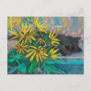 Topinambour Dreams Black Cat Gula blommor Pastel Vykort