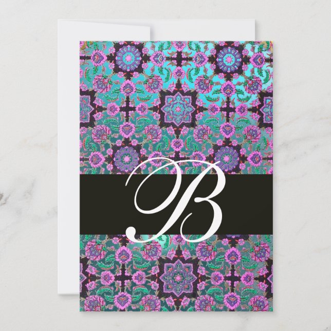 TOPKAPI BLUE BLACK DAMASK MONOGRAM rosa grönt Inbjudningar (Framsida)
