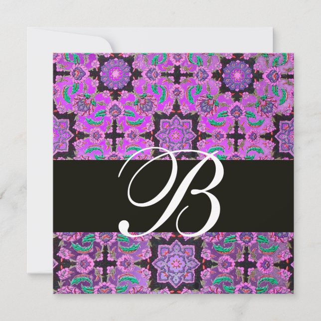 TOPKAPI LILA BLACK DAMASK MONOGRAM rosa grönt Inbjudningar (Framsida)