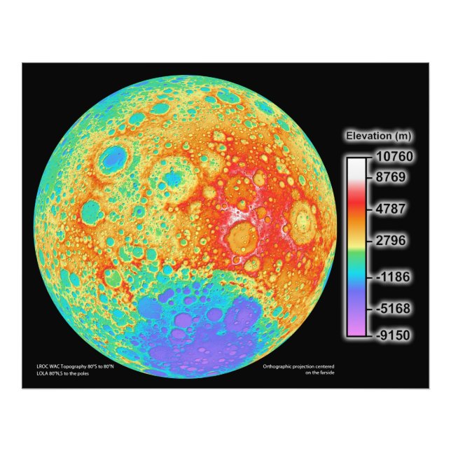 Topografiska Färg Karta i Måne Lunar Yta Fototryck (Framsidan)