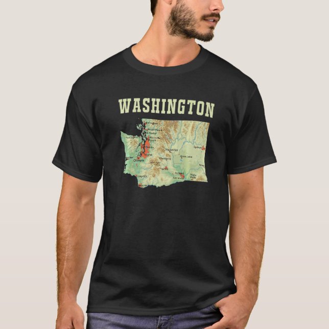 Topografiska Karta i Washington State Major Cities T Shirt (Framsida)