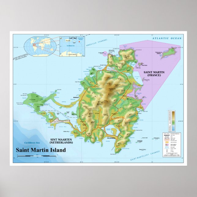 Topografiska Karta på ön Saint Martin-Karibien Poster (Framsidan)