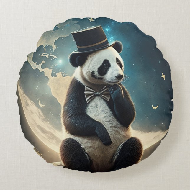 Topp Hatt Måne Panda Rund Kudde (Framsidan)