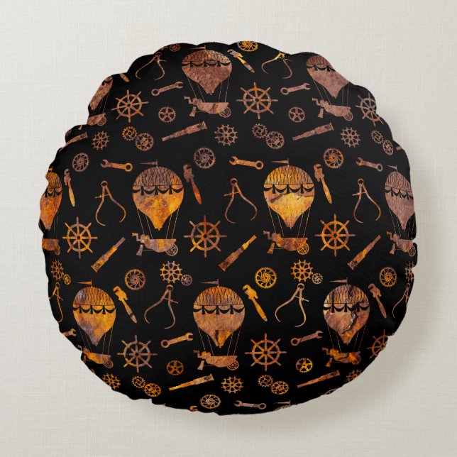 Toppen Colorful Rust Steampunk Balloon Theme Rund Kudde (Framsidan)