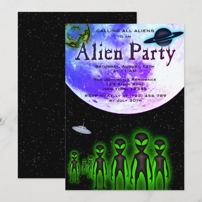 Toppen Coola Alien & UFO Party Inbjudan (Fram/baksida)