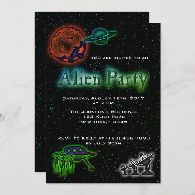 Toppen Coola Alien & UFO Party Inbjudan (Fram/baksida)