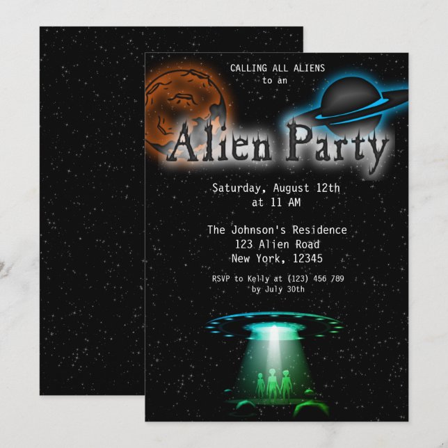 Toppen Coola Alien & UFO Party Inbjudan (Fram/baksida)