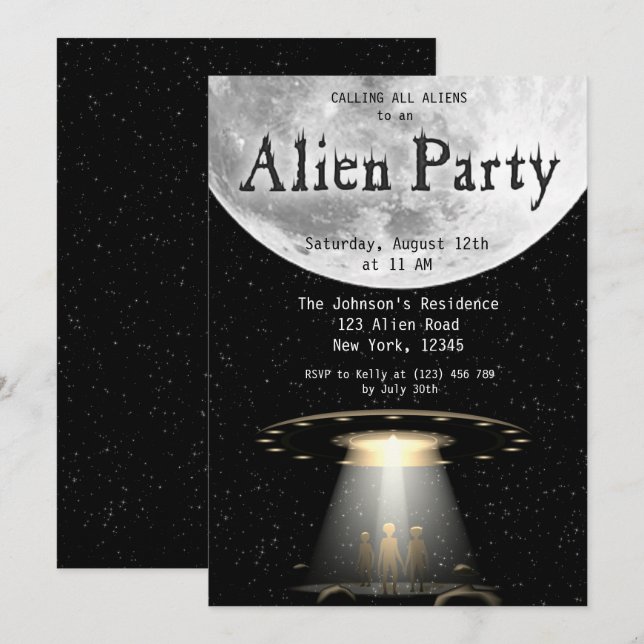 Toppen Coola Black & White Alien & UFO Party Inbju Inbjudningar (Fram/baksida)
