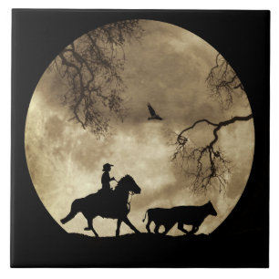 Toppen Coola Cowboy och Steers i Full Moon Kakelplatta