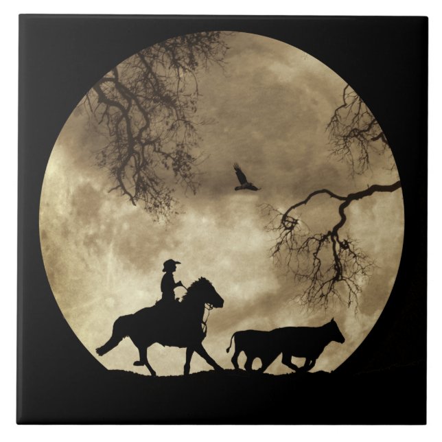 Toppen Coola Cowboy och Steers i Full Moon Kakelplatta (Framsidan)