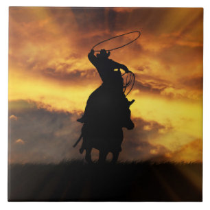 Toppen Coola Cowboy Steer Roping with Sunset Kakelplatta