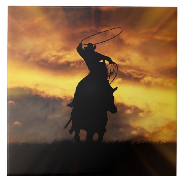 Toppen Coola Cowboy Steer Roping with Sunset Kakelplatta (Framsidan)