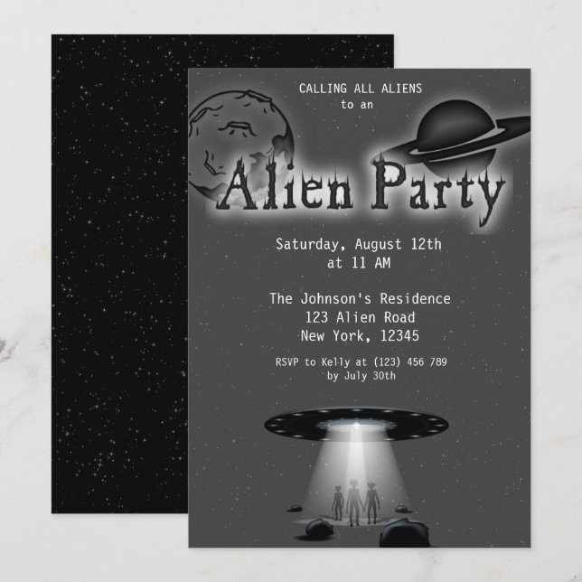 Toppen Coola Grått Alien & UFO Party Inbjudan (Fram/baksida)