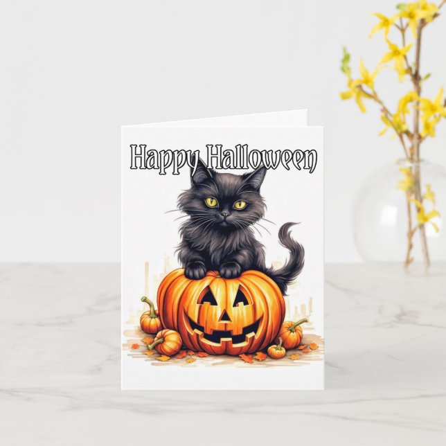 Toppen Cute Black Kattunge | HAPPY HALLOWEEN Kort (Gul blomma)